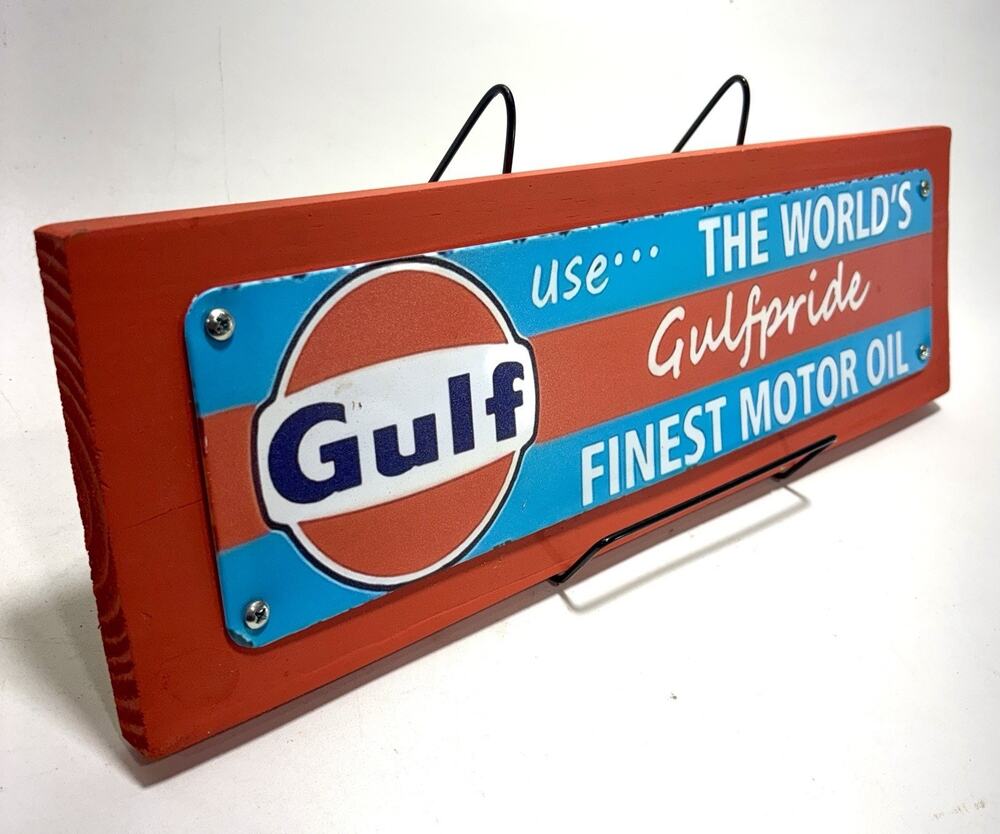 Gulf Oil Sign Wood Mounted Distressed Garage Decor Man Cave 20”